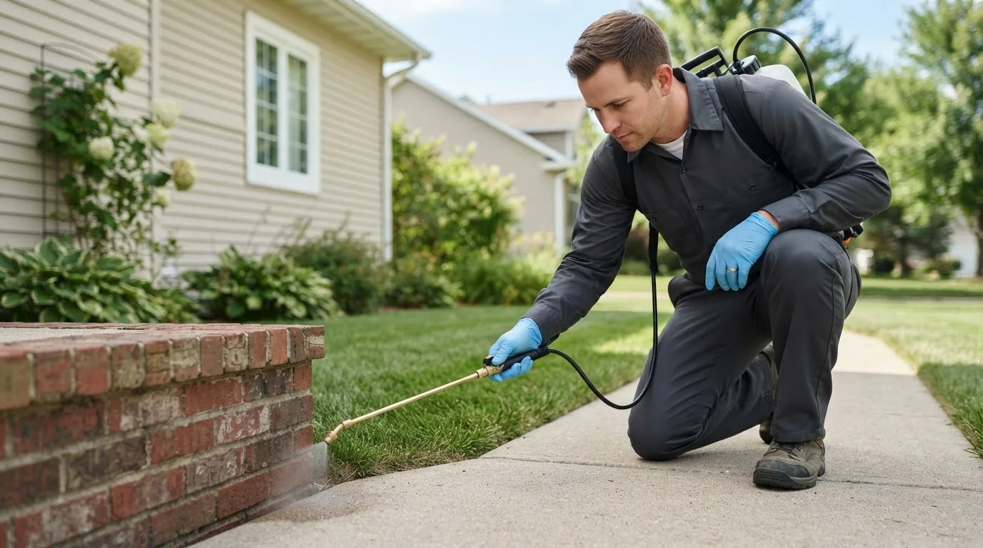 Pest control technician treating a home near Cambridge, MA